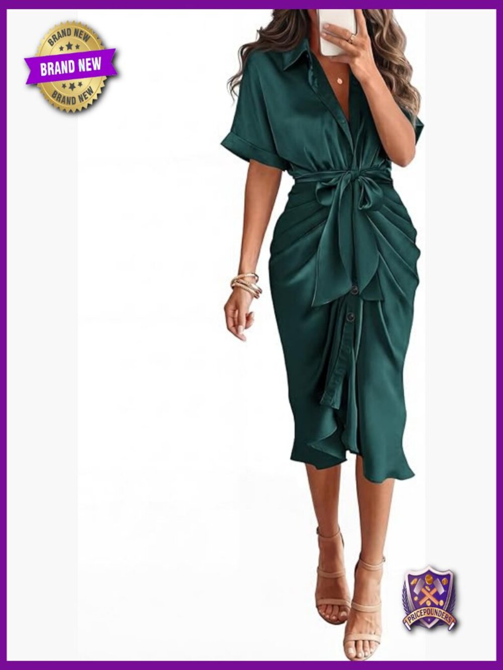 Elegant Satin Button Down Short Sleeve Maxi Shirt Dress with Belt